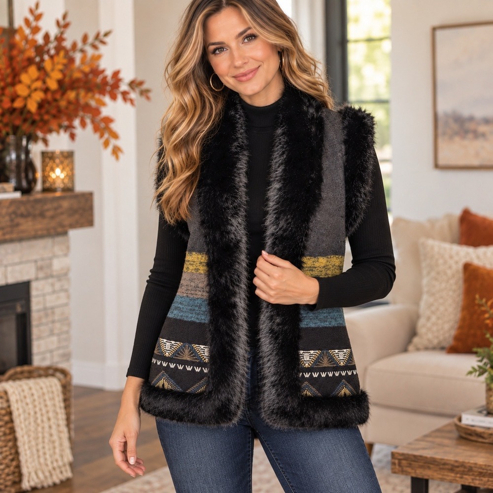 Diane von Furstenberg DVF Wool Rabbit Fur Trim Southwestern Vest Small Black
